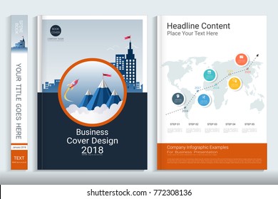 Cover book design template with presentation infographics elements, Use for annual report, proposal, portfolio, brochure, flyer, leaflet, catalog, magazine, booklet, Vector template in A4 layout.