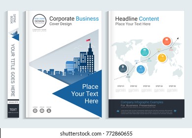 Cover book design template with presentation infographics elements, Use for annual report, proposal, portfolio, brochure, flyer, leaflet, catalog, magazine, booklet, Vector template in A4 layout.