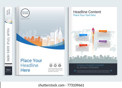 Cover book design template with presentation infographics elements, Use for annual report, proposal, portfolio, brochure, flyer, leaflet, catalog, magazine, booklet, Vector template in A4 layout.