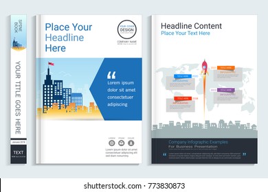 Cover book design template with presentation infographics elements, Use for annual report, proposal, portfolio, brochure, flyer, leaflet, catalog, magazine, booklet, Vector template in A4 layout.