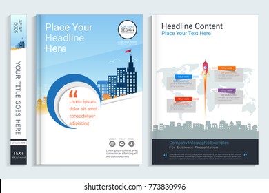 Cover book design template with presentation infographics elements, Use for annual report, proposal, portfolio, brochure, flyer, leaflet, catalog, magazine, booklet, Vector template in A4 layout.