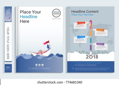 Cover book design template with presentation infographics elements, Use for annual report, proposal, portfolio, brochure, flyer, leaflet, catalog, magazine, booklet, Vector template in A4 layout.