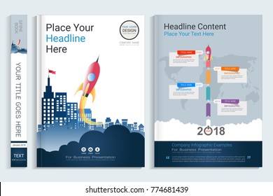 Cover book design template with presentation infographics elements, Use for annual report, proposal, portfolio, brochure, flyer, leaflet, catalog, magazine, booklet, Vector template in A4 layout.