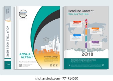 Cover book design template with presentation infographics elements, Use for annual report, proposal, portfolio, brochure, flyer, leaflet, catalog, magazine, booklet, Vector template in A4 layout.