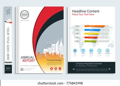 Cover book design template with presentation infographics elements, Use for annual report, proposal, portfolio, brochure, flyer, leaflet, catalog, magazine, booklet, Vector template in A4 layout.