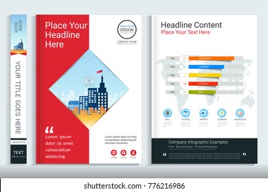 Cover book design template with presentation infographics elements, Use for annual report, proposal, portfolio, brochure, flyer, leaflet, catalog, magazine, booklet, Vector template in A4 layout.