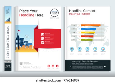 Cover book design template with presentation infographics elements, Use for annual report, proposal, portfolio, brochure, flyer, leaflet, catalog, magazine, booklet, Vector template in A4 layout.