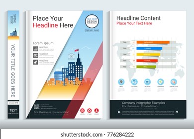 Cover book design template with presentation infographics elements, Use for annual report, proposal, portfolio, brochure, flyer, leaflet, catalog, magazine, booklet, Vector template in A4 layout.