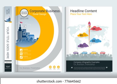 Cover book design template with presentation infographics elements, Use for annual report, proposal, portfolio, brochure, flyer, leaflet, catalog, magazine, booklet, Vector template in A4 layout.