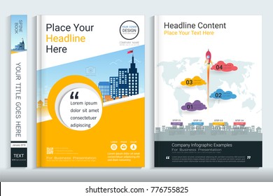 Cover book design template with presentation infographics elements, Use for annual report, proposal, portfolio, brochure, flyer, leaflet, catalog, magazine, booklet, Vector template in A4 layout.