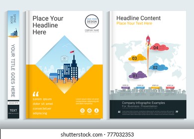 Cover book design template with presentation infographics elements, Use for annual report, proposal, portfolio, brochure, flyer, leaflet, catalog, magazine, booklet, Vector template in A4 layout.