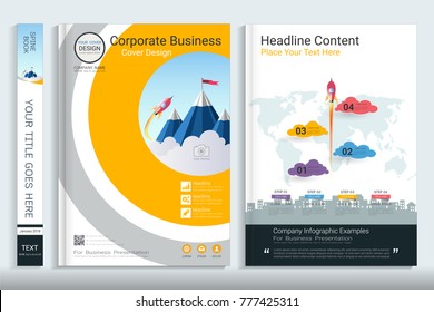 Cover book design template with presentation infographics elements, Use for annual report, proposal, portfolio, brochure, flyer, leaflet, catalog, magazine, booklet, Vector template in A4 layout.
