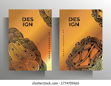 Cover for book, magazine, brochure, booklet, catalog, folders, flyers, poster set of templates. A4 format. Black and gold graphic illustration is hand-drawn. Vector 10 EPS.