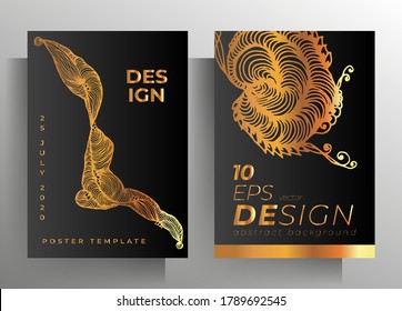 Cover for book, magazine, brochure, booklet, catalog, folders, flyers, poster set of templates. A4 format. Black and gold graphic illustration is hand-drawn. Vector 10 EPS.