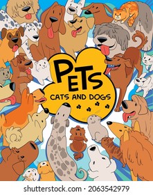 Cover book or poster with different pets. With place for your text. Many cats and dogs are looking with interest. Top view. Colorful cartoon characters. Funny vector illustration