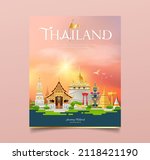 Cover book, Thailand architecture tourism festival design on cloud and sky sunset orange background, eps 10 vector illustration