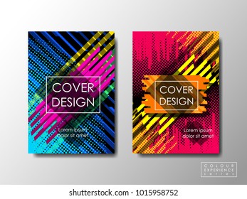 Cover brochure design, business document background front page layout template. High contrast vivid color style. Fully editable vector elements.