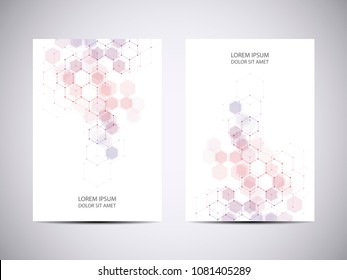 Cover or brochure design with medical background. Molecular structure and hexagons