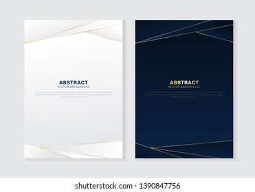 Cover Brochure Template Header And Footers Polygonal Pattern Luxury Style On Dark Blue And White Background With Golden Lines. You Can Use For Letterhead, Poster, Banner Web, Print, Leaflet, Flyer