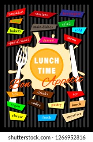 Cover Broshure Design Menu Lunch Time. Lettering, graphics logo, flat style. Vector illustration