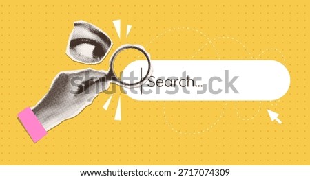 Cover with browser bar, toolbar. Human hand with magnifying glass in dotted pop art style. Retro halftone search bar with paper collage eye. Vector illustration for mixed media design.