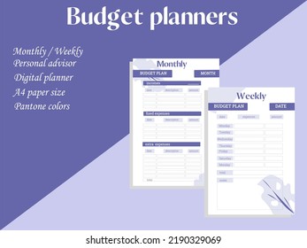 Cover of business or personal budget planner in minimalistic very peri colour. Digital financial planner. Realistic vector illustration.