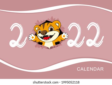 Cover calendar for 2022 in Englih. Striped tiger symbol of the year 2022 according to the Eastern or Chinese calendar. In size A4, A5, A2, A3. Vector stock ready-to-print template. 