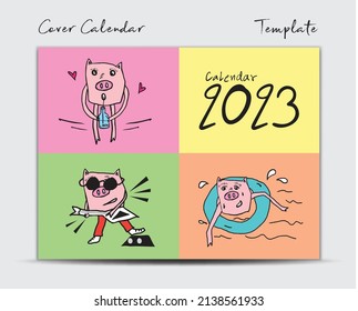 Cover Calendar 2023 design template with Cute Pig vector, minimal Desk calendar 2023 year, Lettering, Brochure cover template, dirary, postcard, gift card, pig cartoon character, holiday event