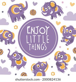 Cover Card with Cute Elephant Character with Trunk and Tusks Vector Template