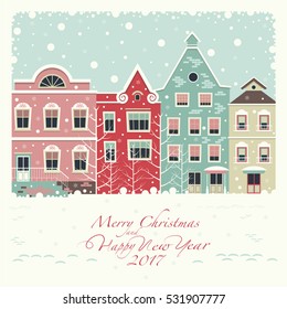 The cover of the card. Depicts a winter street with houses . The house of red, pink, green and beige colors.The phrase merry Christmas and a happy New year.