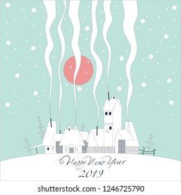 The cover of the card. Depicts a winter village on a snowy hill. From the pipes in homes is the smoke. From the sky the snow falls and the sun shines pink. Happy new year 2019.