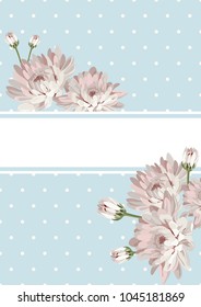 Cover or card template. Shabby chic. Flowers on blue polka dot background. Also can use for placards, banners, flyers, presentations. Vector illustartion.