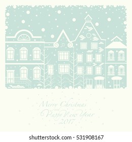 The cover of the card. Two color image. Depicts a winter street with houses and trees. The phrase merry Christmas and a happy New year.