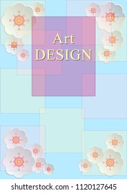 cover, card, white flowers, pastel colors of the rectangles. Vector Illustration