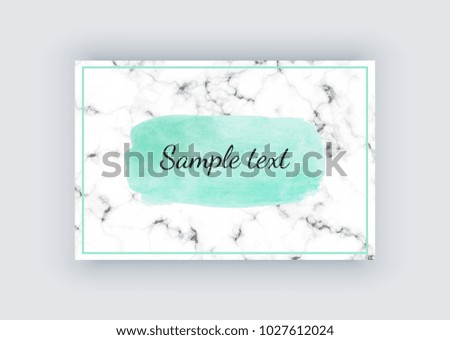 Cover card with white marble texture and green watercolor hand paint texture. Acrylic brush strokes, spots. Background for your modern design, cover, template, flyer, banner, placards
