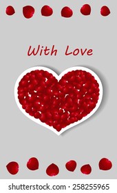 Cover cards for the woman with red heart laid out petals of red roses