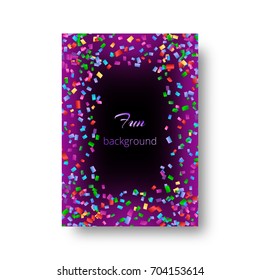 Cover of a Christmas leaflet with multi-colored flying confetti on a purple backdrop.