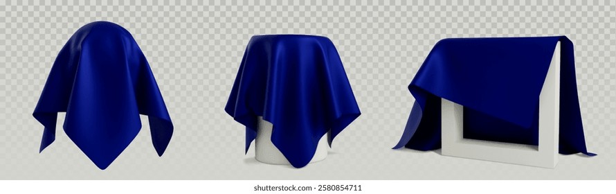 Cover cloth reveal showing draped blue fabric on different shapes. Realistic textile simulation with material folds, shadows and illumination effects. Product presentation or promotion display.