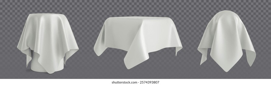 Cover cloth set with three realistic white draped fabric reveal effects - floating textiles arranged for mystery unveiling presentation. Digital overlay, product showcase or magic trick composition.