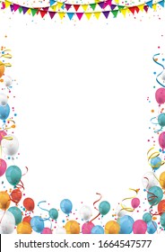 Cover with colored balloons, garlands and confetti on the white. Eps 10 vector file.