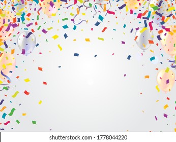 Cover with colored balloons, garlands and confetti on the white. celebration background template