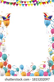 Cover with colored balloons, garlands and confetti on the white. Eps 10 vector file.
