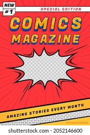 Cover comic book. Funny superhero magazine, edit page with title. Art graphic poster, funny children or teenagers entertainment decent vector template