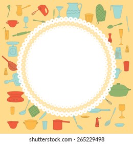 Cover cookbook with badges of lace and colorful kitchen utensils.  Vector illustration.