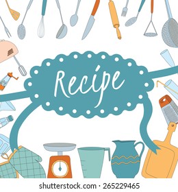Cover cookbook with badges of lace and ribbons and colorful kitchen utensils. Vector illustration.