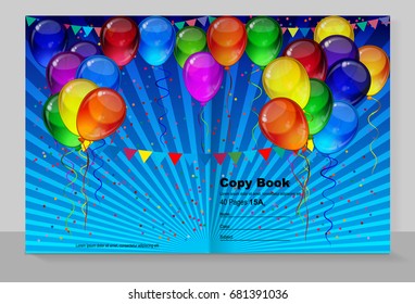 Cover copybook with balloons, vector design. 