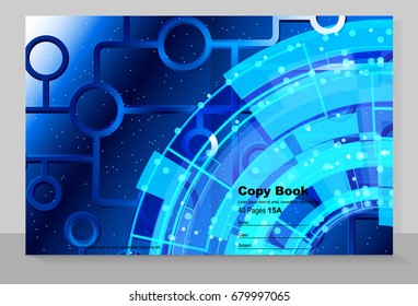 Portada de copybook con fondo tecno azul, diseño vectorial. 