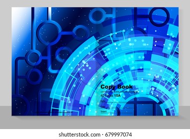Portada de copybook con fondo tecno azul, diseño vectorial. 