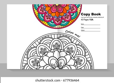 Cover copybook with a mandala coloring, vector design. 