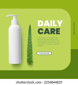 Cubierta de un producto hidratante estético en una botella blanca de plástico con un dispensador y un tallo de aloe vera sobre un fondo verde. Ilustración vectorial fotorrealista